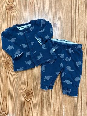 7/$20 Navy Blue Baby Two-Piece Set with Dinosaur Print Striped Lining